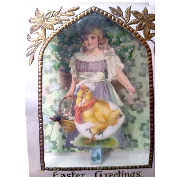Easter Postcard Foldout 3-D Clear Window Victorian Girl Baby Chick Basket Diecut - Picture 6 of 6
